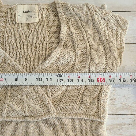 Button Wool V-neck Wrap Front Sweater Dress Cable Knit Short Sleeve Knee Length - Picture 7 of 11